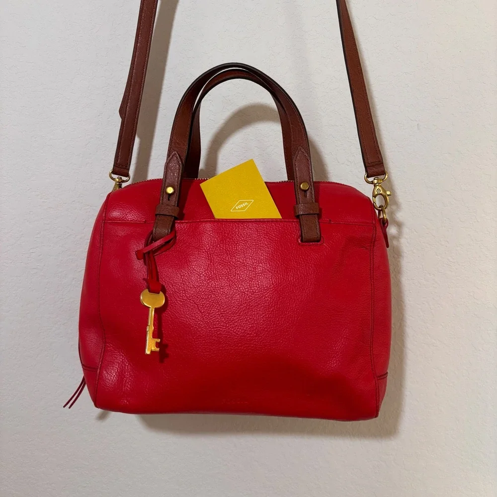 Fossil Satchel Rachel Medium Pebbled Leather Red Classic Preppy Crossbody Bag